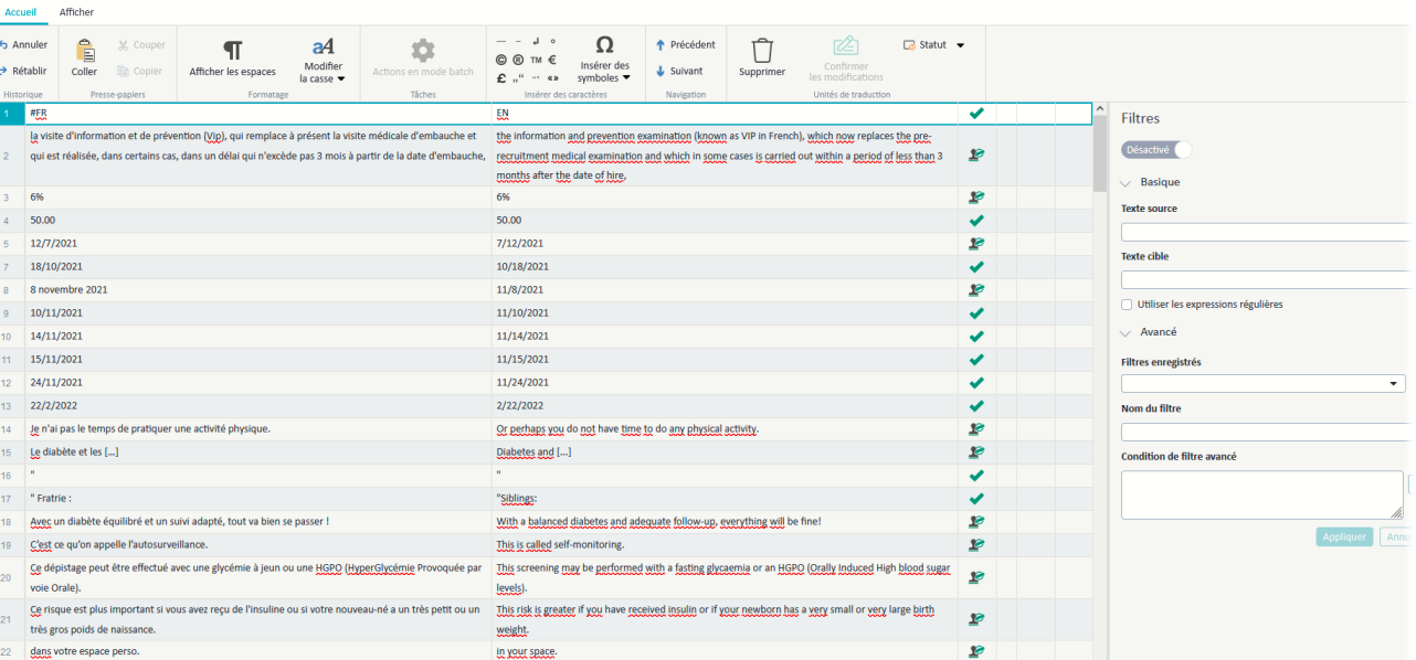 Screenshot of Trados Studio interface showing a translation memory (TM) maintenance screen with source and target language segments. No visible errors or warnings.