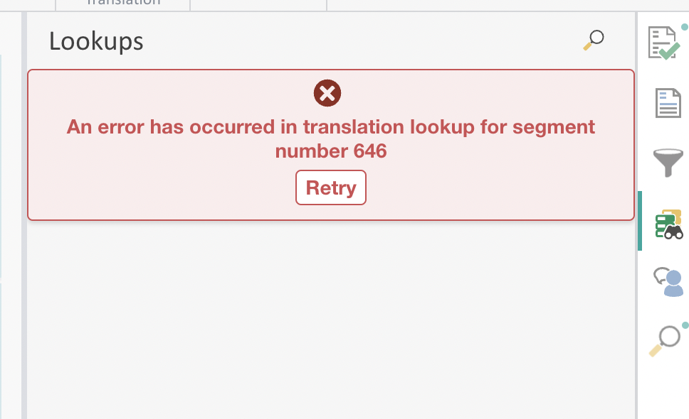 Trados Studio error message stating 'An error has occurred in translation lookup for segment number 646' with a 'Retry' button.