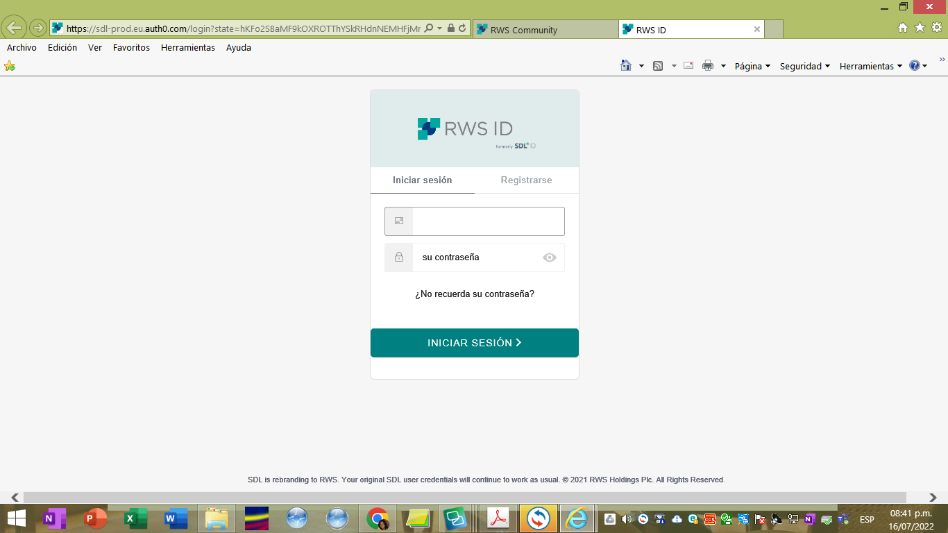 RWS ID login page with fields for email and password, and options to register or recover password.