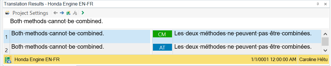 Screenshot of Trados Studio showing translation results with an incorrect segment date of 110001 12:00:00 AM at the bottom.