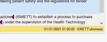 Screenshot of Trados Studio interface showing a segment with a memory tag displaying an incorrect date of 01010001 01:00:00.