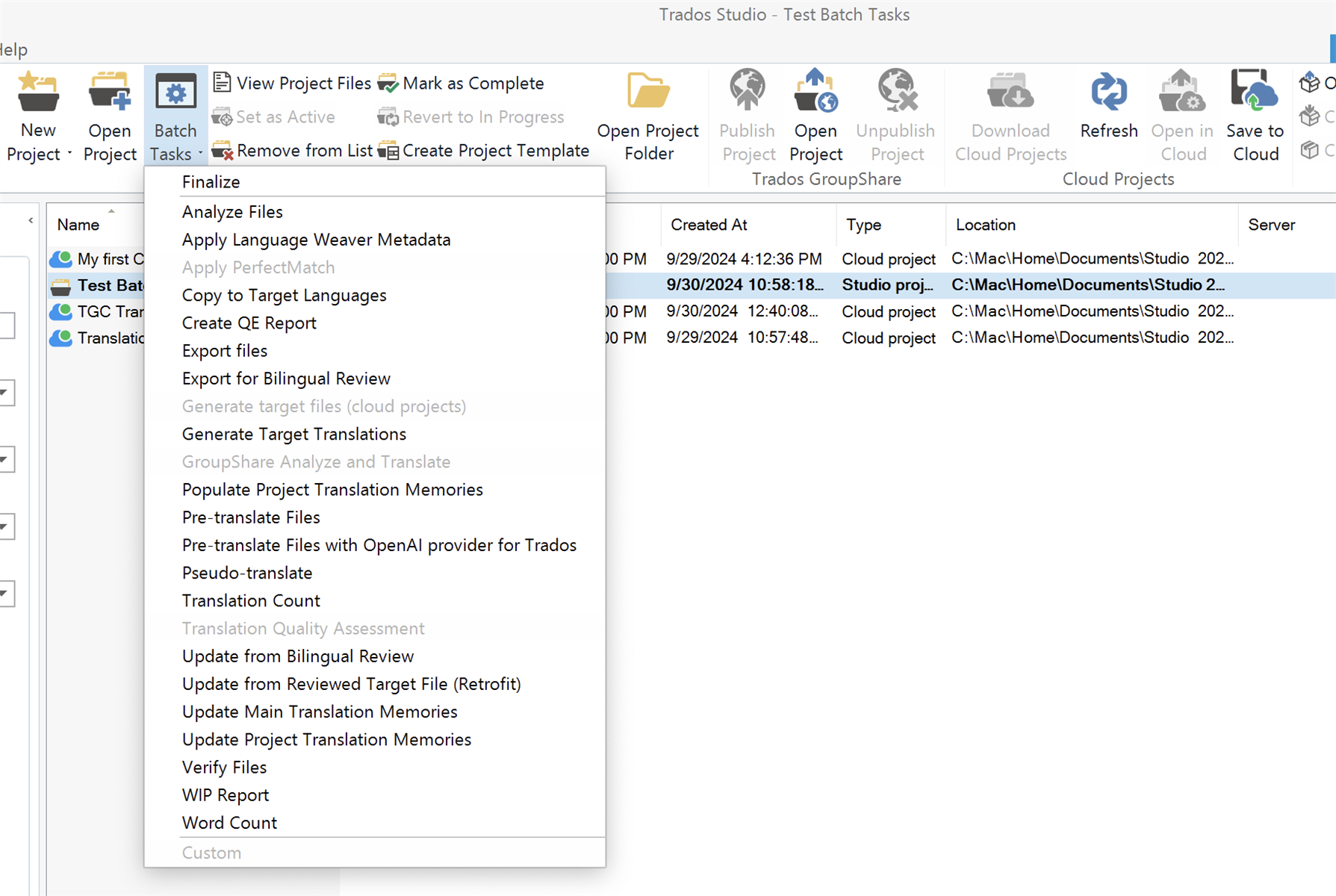 Screenshot of Trados Studio interface showing the Batch Tasks menu with options like Analyze Files, Apply Language Weaver Metadata, and Generate Target Translations. A project list is visible with 'Cloud project' and 'Studio project' types, and the 'Save to Cloud' button is active.