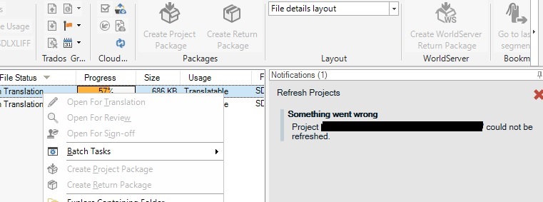 Trados Studio interface showing all options for translating a file greyed out and unclickable.