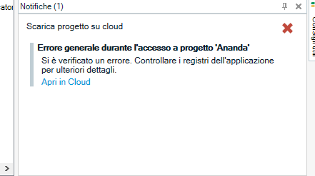 Notification in Trados Studio showing a general error during access to project 'Ananda' with an option to open in Cloud for more details.