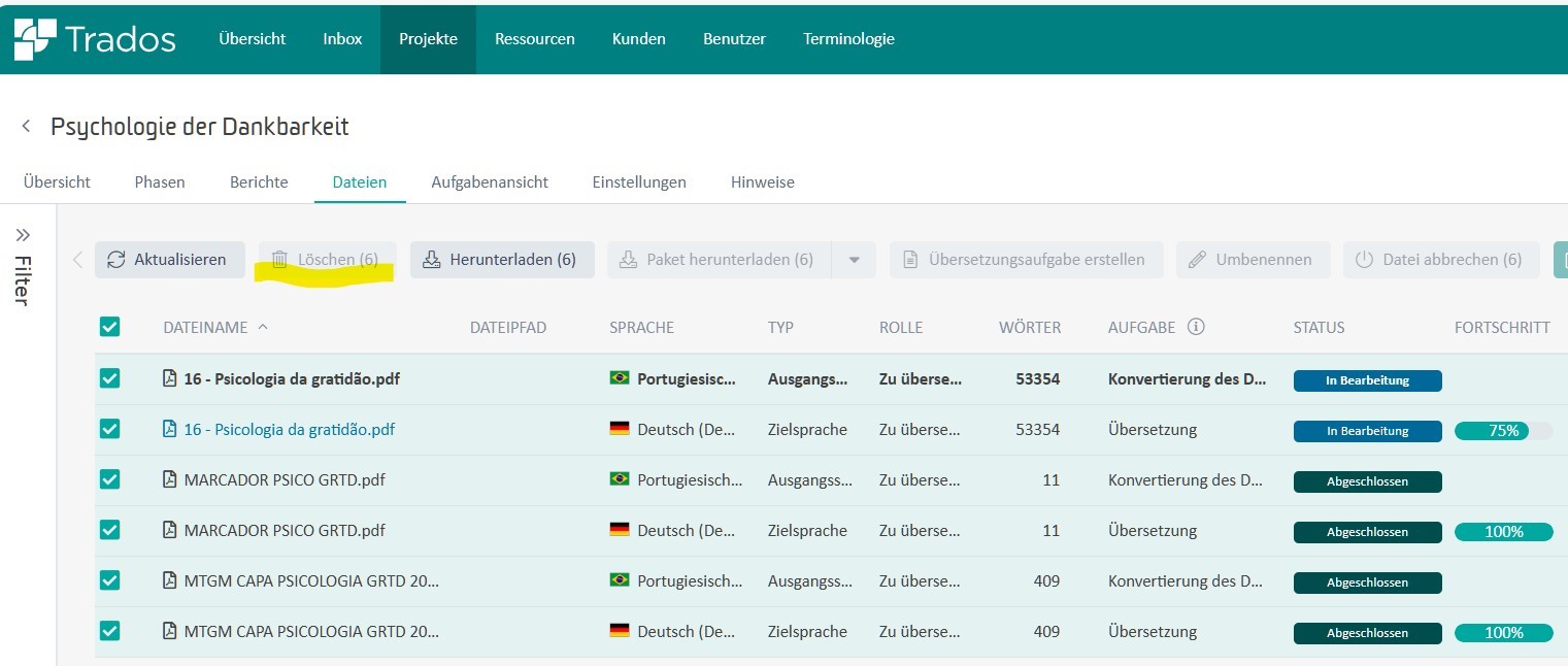 Screenshot of Trados project management interface showing files with 'Delete' button highlighted but not selectable. Files are in various stages of translation and conversion.