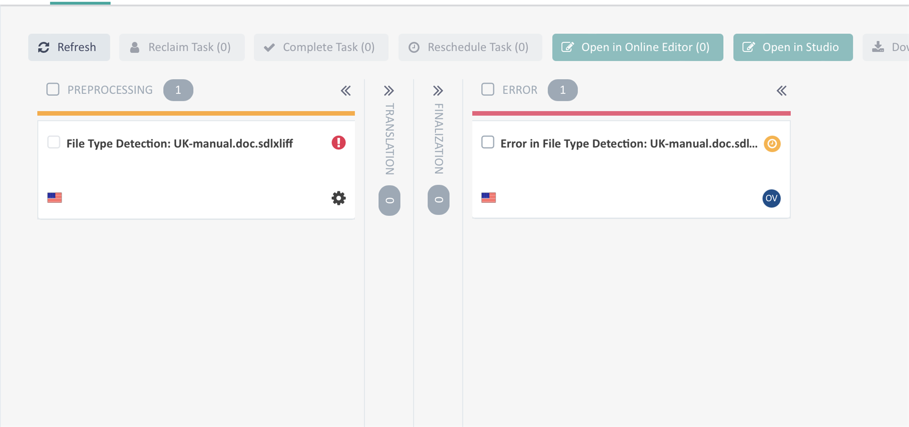 Trados Studio interface showing a preprocessing error for a file named 'UK-manual.doc.sdlxliff' with a warning icon and a gear symbol.