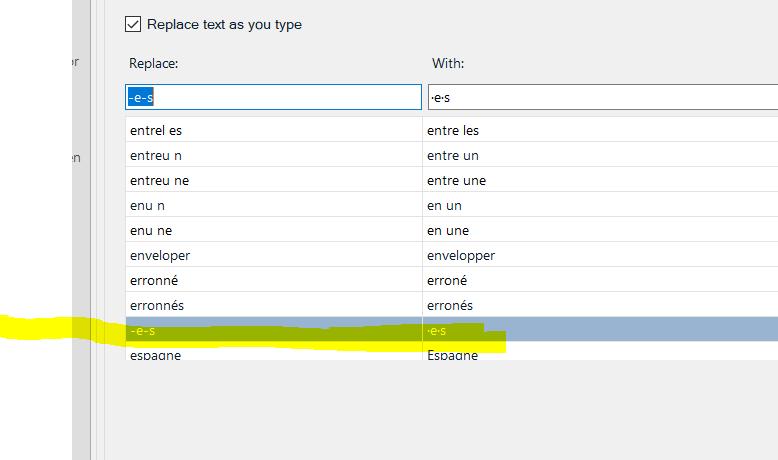 Trados Studio autocorrect settings window showing an attempt to replace '-e-s' with ' e s' highlighted, indicating a failed shortcut creation for inclusive writing.