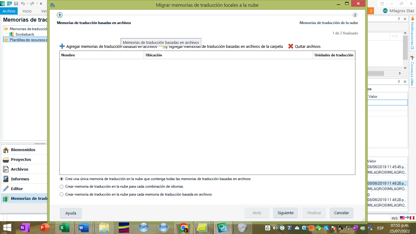 Trados Studio 'Migrar memorias de traducci n locales a la nube' screen with options to add translation memories from files but no visible option for term bases.