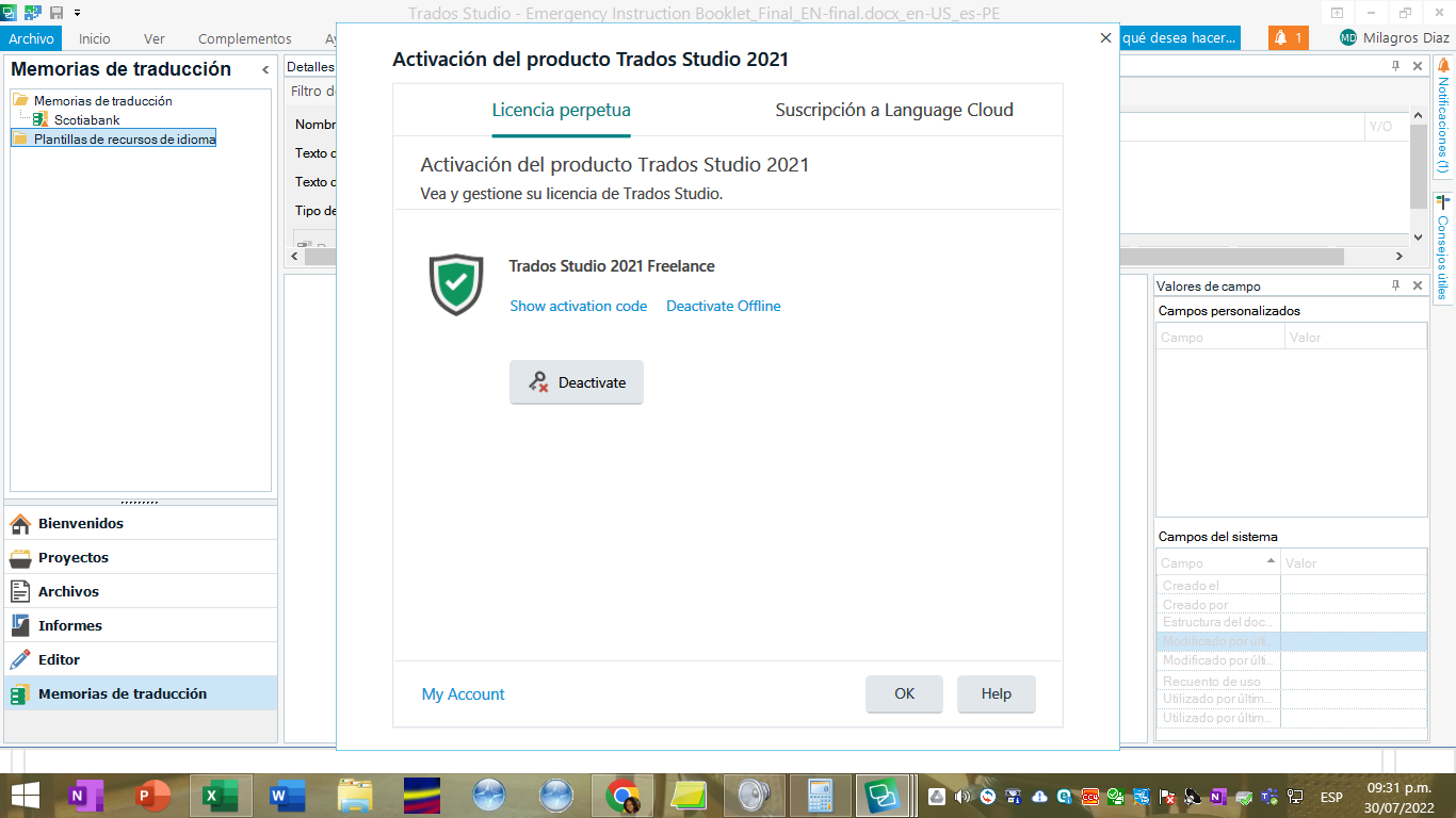 Trados Studio 2021 activation window showing a green checkmark and options to show activation code or deactivate offline.