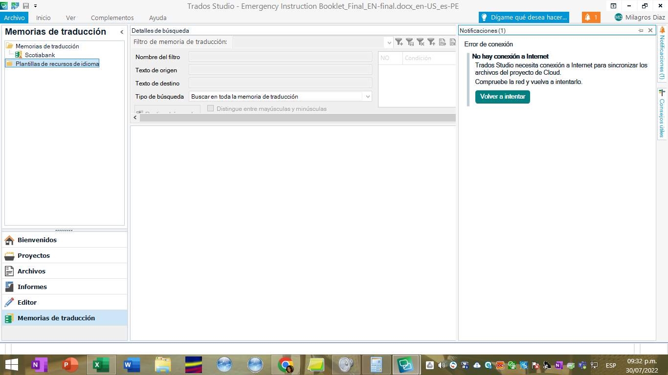Error message in Trados Studio stating 'No hay conexi n a Internet' indicating no internet connection for cloud project synchronization.