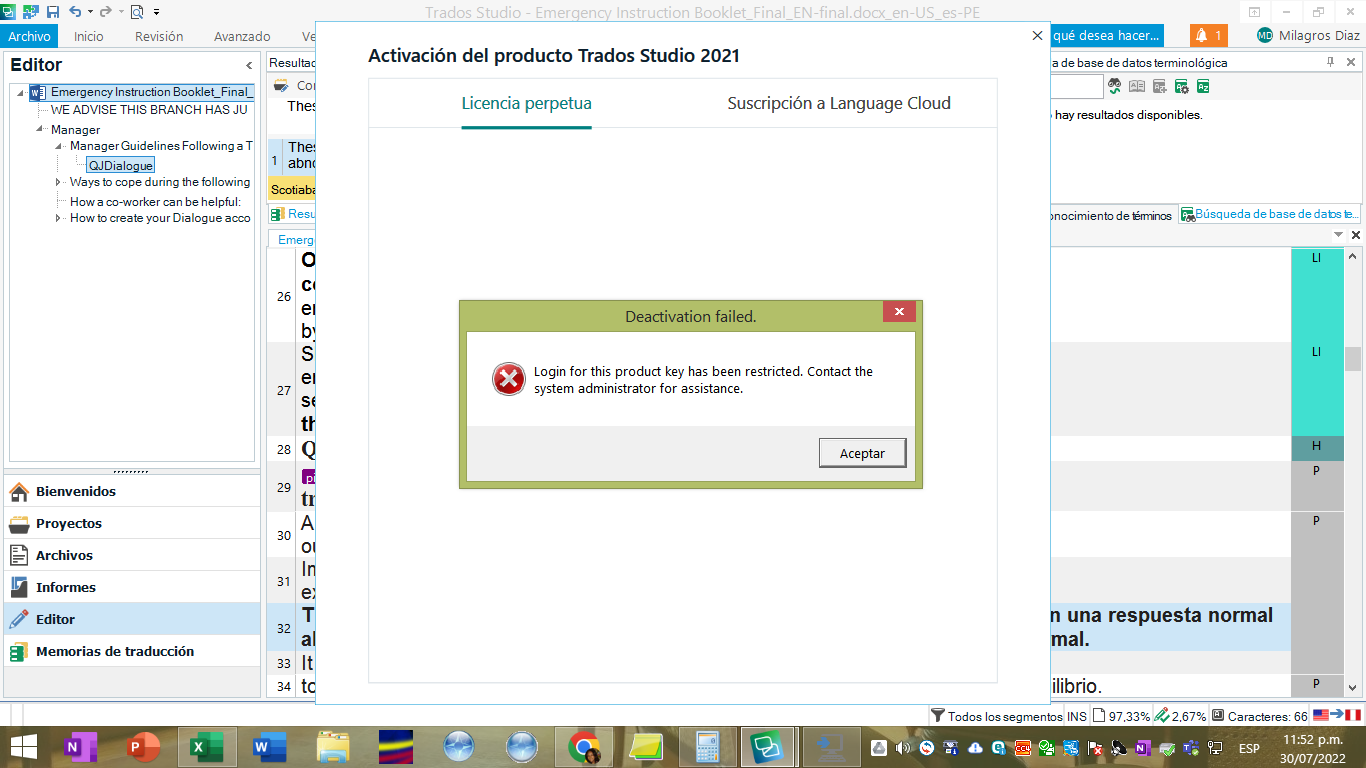 Error message on Trados Studio software stating 'Deactivation failed. Login for this product key has been restricted. Contact the system administrator for assistance.' with an accept button.