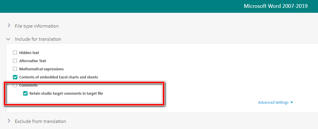 Trados Studio settings showing 'Retain studio target comments in target file' option checked under Microsoft Word 2007-2019 file type.