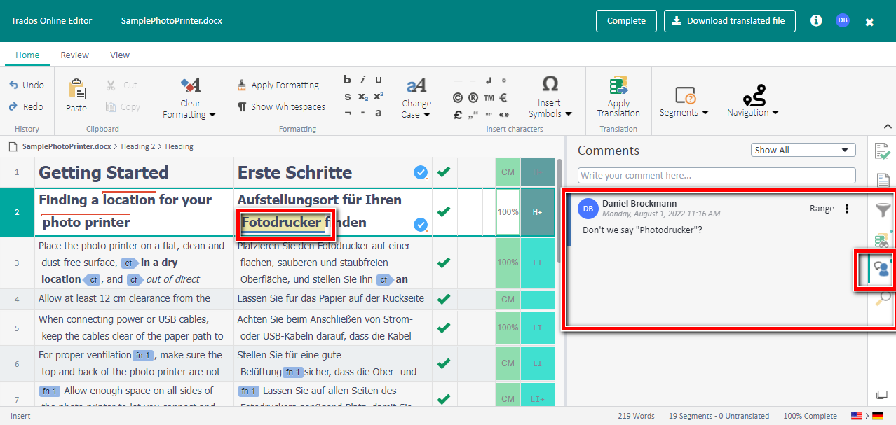 Trados Online Editor interface with a comment by Daniel Brockmann highlighted in the comments panel on the right side.