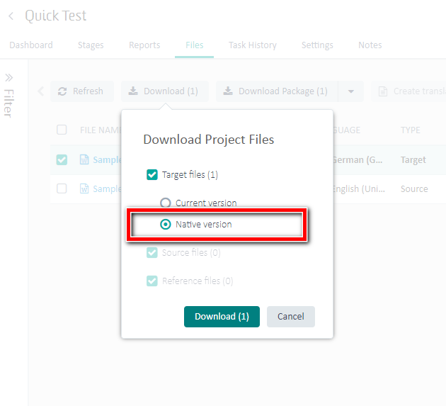 Download Project Files dialog in Trados with 'Native version' option selected for downloading the target file.