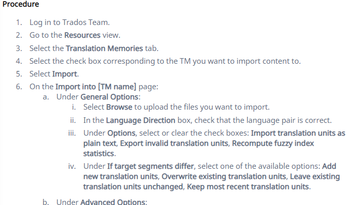 Screenshot of Trados Studio manual showing procedure to import memory into Trados Team, including steps to select Resources view and Translation Memories tab.