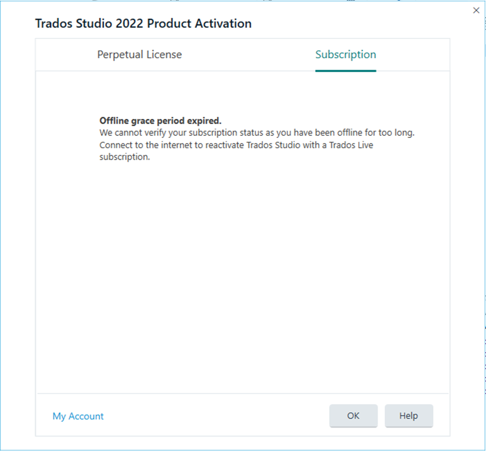 Trados Studio 2022 Product Activation window showing an error message 'Offline grace period expired. We cannot verify your subscription status as you have been offline for too long. Connect to the internet to reactivate Trados Studio with a Trados Live subscription.' with OK and Help buttons.