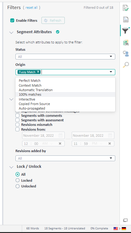 Trados Studio screenshot showing the Filters panel with Segment Attributes expanded. Fuzzy Match is selected under Origin with no option to choose the fuzzy match value.
