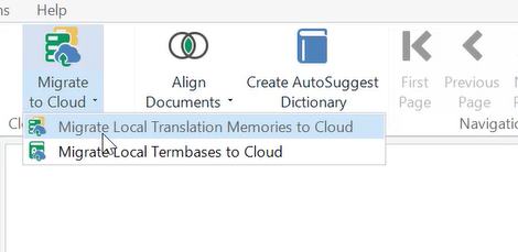 Trados Studio screenshot showing the 'Migrate to Cloud' menu with options 'Migrate Local Translation Memories to Cloud' and 'Migrate Local Termbases to Cloud'. The ribbon for termbase migration is missing.