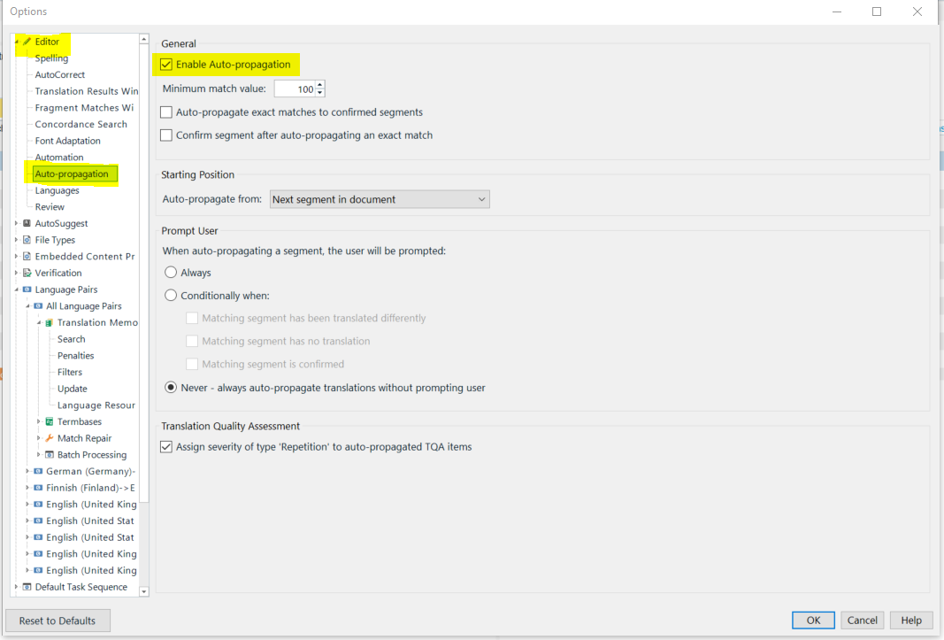 Trados Studio Options window showing Editor settings with Auto-propagation section highlighted. 'Enable Auto-propagation' is checked with options for minimum match value, auto-propagate exact matches, and confirm segment after propagation.