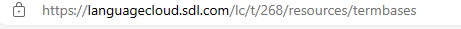 Web address bar showing URL 'https:languagecloud.sdl.comlct268resourcestermbases'