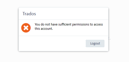 Error message in Trados Studio stating 'You do not have sufficient permissions to access this account.' with a Logout button.