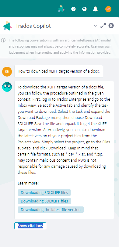 Trados Copilot chat window with instructions on how to download XLIFF target version of a docx file from Trados Enterprise, including warnings about potential malicious content in certain file formats.