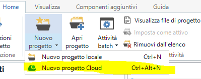 Trados Studio menu with 'Nuovo progetto Cloud' option highlighted indicating the creation of a new cloud project.