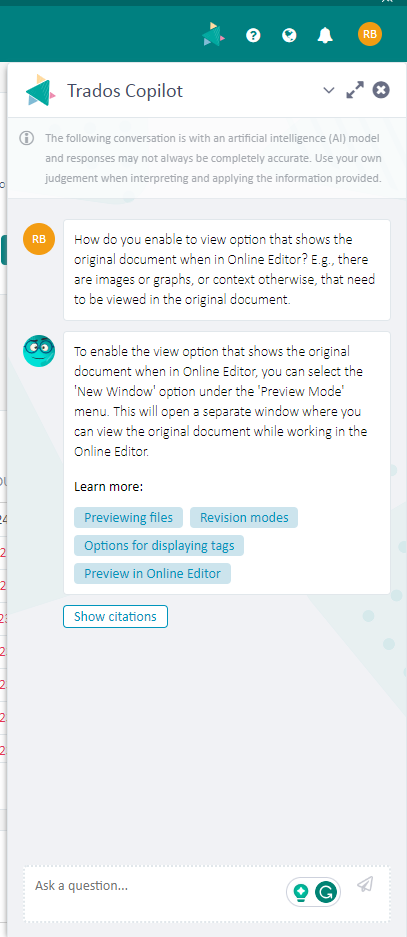 Trados Copilot chat window showing a conversation about how to view the original document in Online Editor with a 'New Window' option under 'Preview Mode' highlighted.