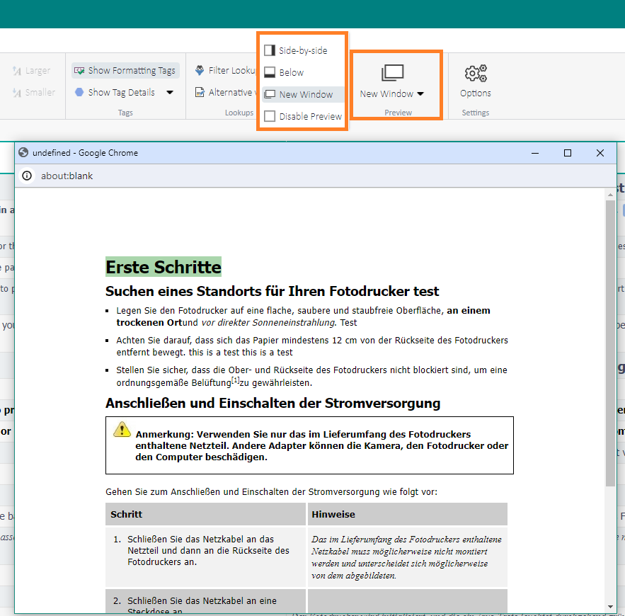 Trados Studio interface with the 'Preview' dropdown menu open, highlighting the 'New Window' option for viewing the original document.