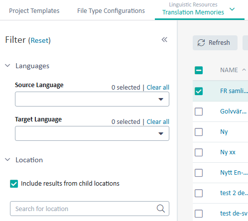 Screenshot of Trados Enterprise interface showing the Filter section with Languages and Location options, and Translation Memories tab selected. No funnel icon is visible.