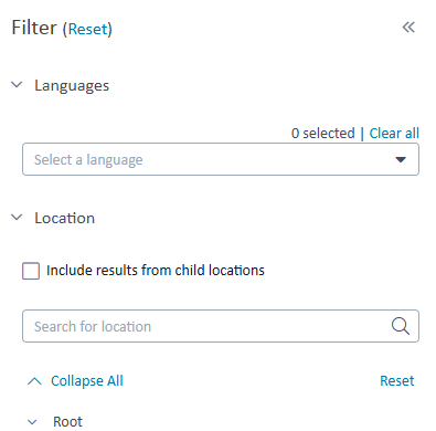Screenshot of a filter interface with options to select languages and include results from child locations.