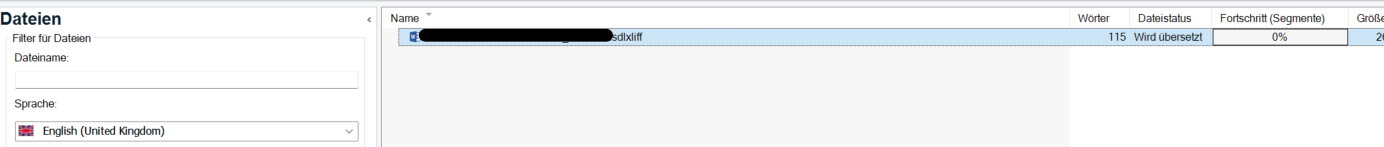 Screenshot of Trados Studio interface showing a file list with one item. The file has a name ending in '.sdlxliff', 115 words, status 'Wird ubersetzt', and progress at 0%.