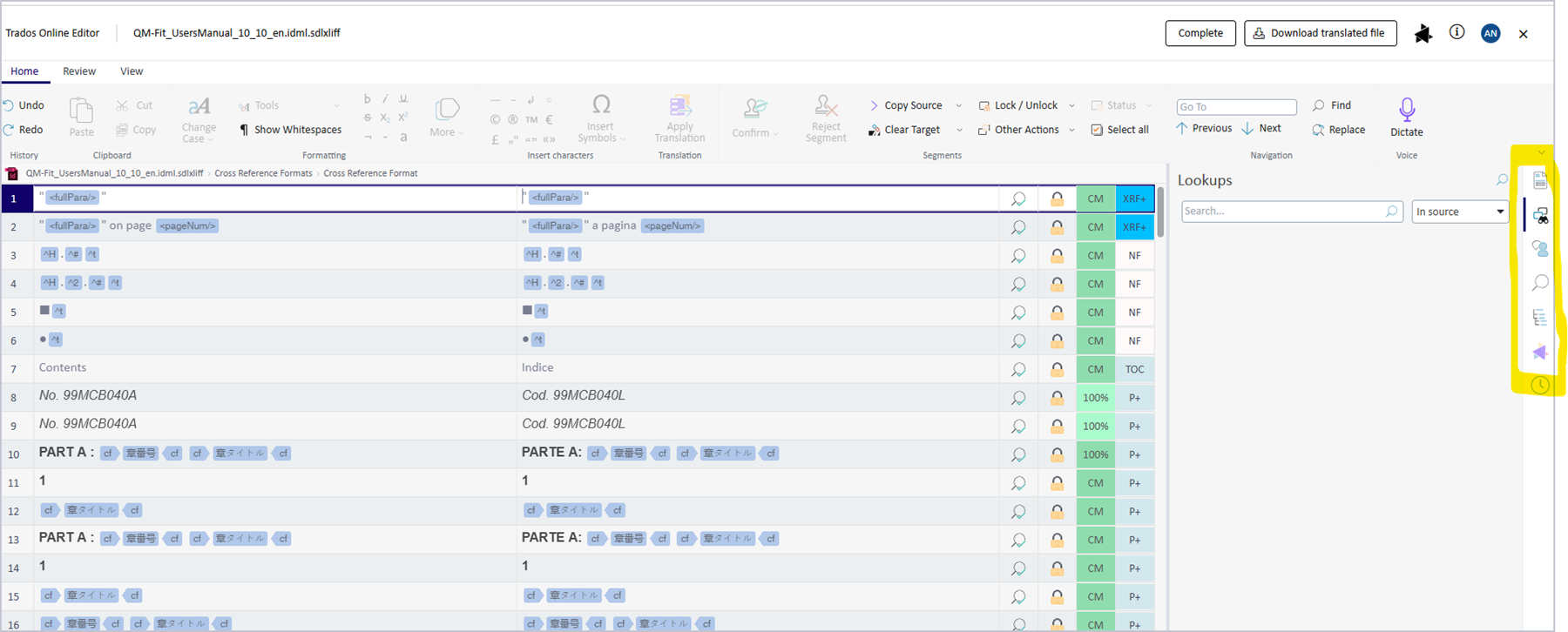 Screenshot of Trados Online Editor showing a list of segments with translation details. The yellow-highlighted sidebar on the right does not include a Filters button.