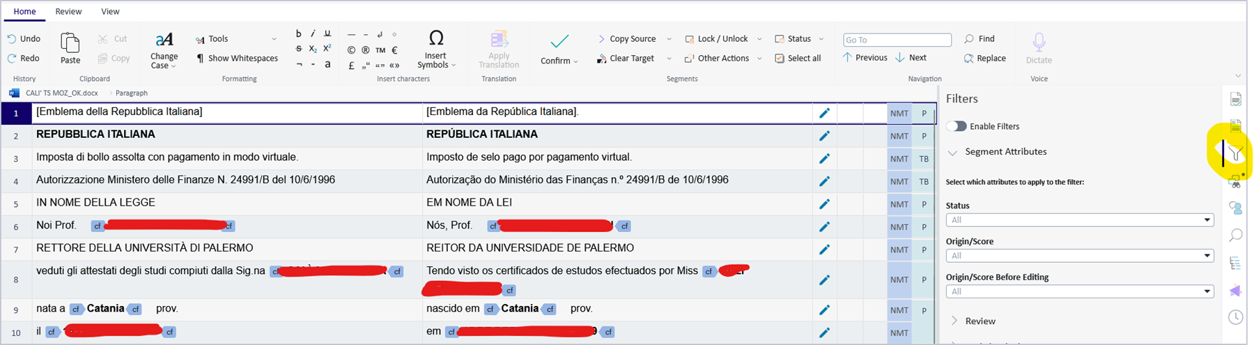 Screenshot of the Trados interface showing a bilingual table with Italian and Portuguese text, segment attributes, and a yellow-highlighted filter icon on the right side.
