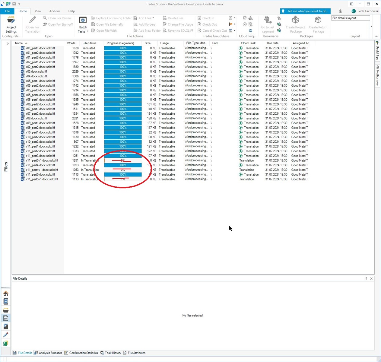 Screenshot of Trados Studio interface showing a list of files with progress indicators. Three files are highlighted with a red circle, indicating they are unnecessary and the user wishes to remove them.