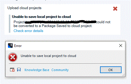 Error message in Trados Studio stating 'Unable to save local project to cloud' with a red cross icon, indicating the project could not be converted to a Package Saved to cloud project.