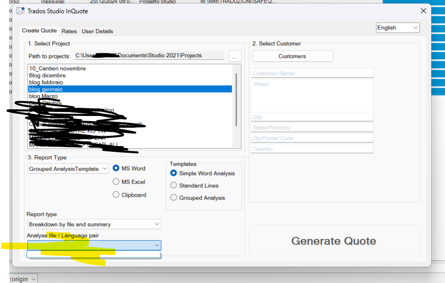 Screenshot of Trados Studio InQuote with a focus on the 'Create Quote' tab. The 'Analyse file  Language pair' dropdown is highlighted, indicating a possible issue with language pair selection.