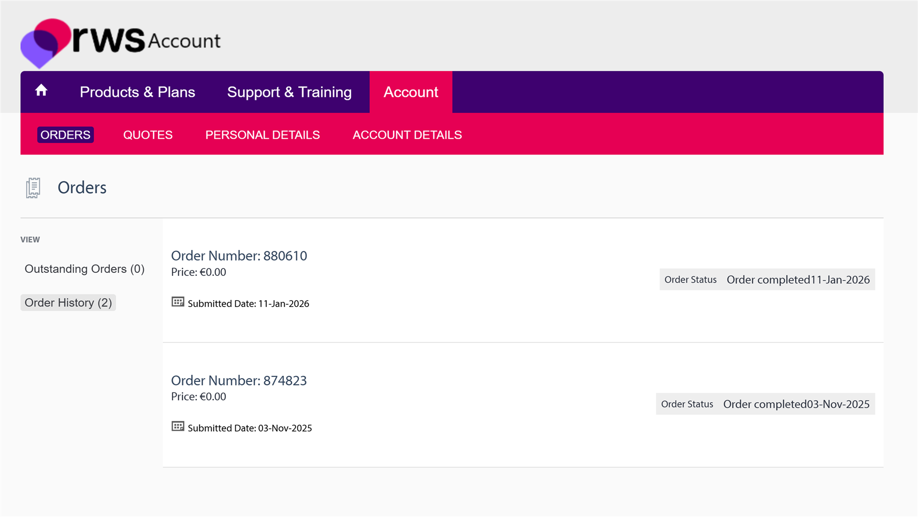RWS Account orders page showing two completed orders with order numbers 880610 and 874823, their prices as 0.00, and submission dates of 11-Jan-2026 and 03-Nov-2025.