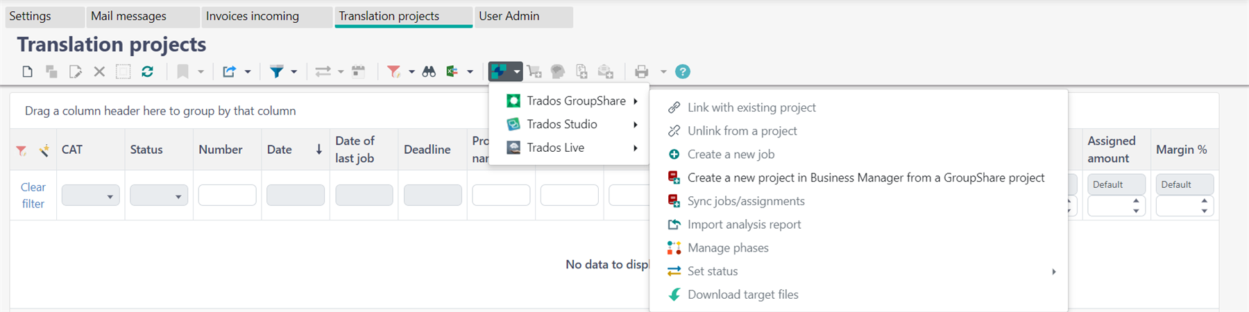 Trados Studio Translation projects window showing no data to display, with 'Link with existing project' option greyed out under Trados GroupShare menu.