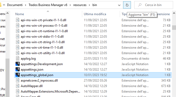 File explorer window showing 'appsettings_global.json' file selected in the directory 'Documents > Trados Business Manager v6 > resources > bin'.