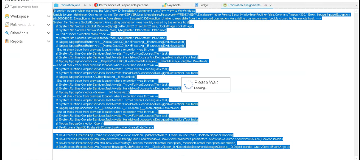 Screenshot of Trados Studio error message displaying 'Unable to open database. Connection string: Server=myServerAddress;Database=myDataBase;Persist Security Info=True;Pooling=false;CommandTimeout=300; Error: Npgsql.NpgsqlException 0x80004005; An existing connection was forcibly closed by the remote host.'