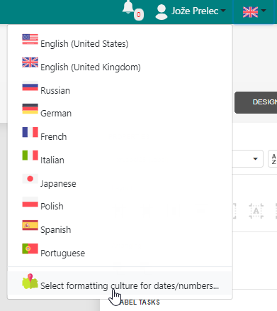 Screenshot of Trados Studio showing the language selection dropdown menu with options such as English (United States), English (United Kingdom), Russian, German, and others. A cursor is hovering over the 'Select formatting culture for datesnumbers' option.