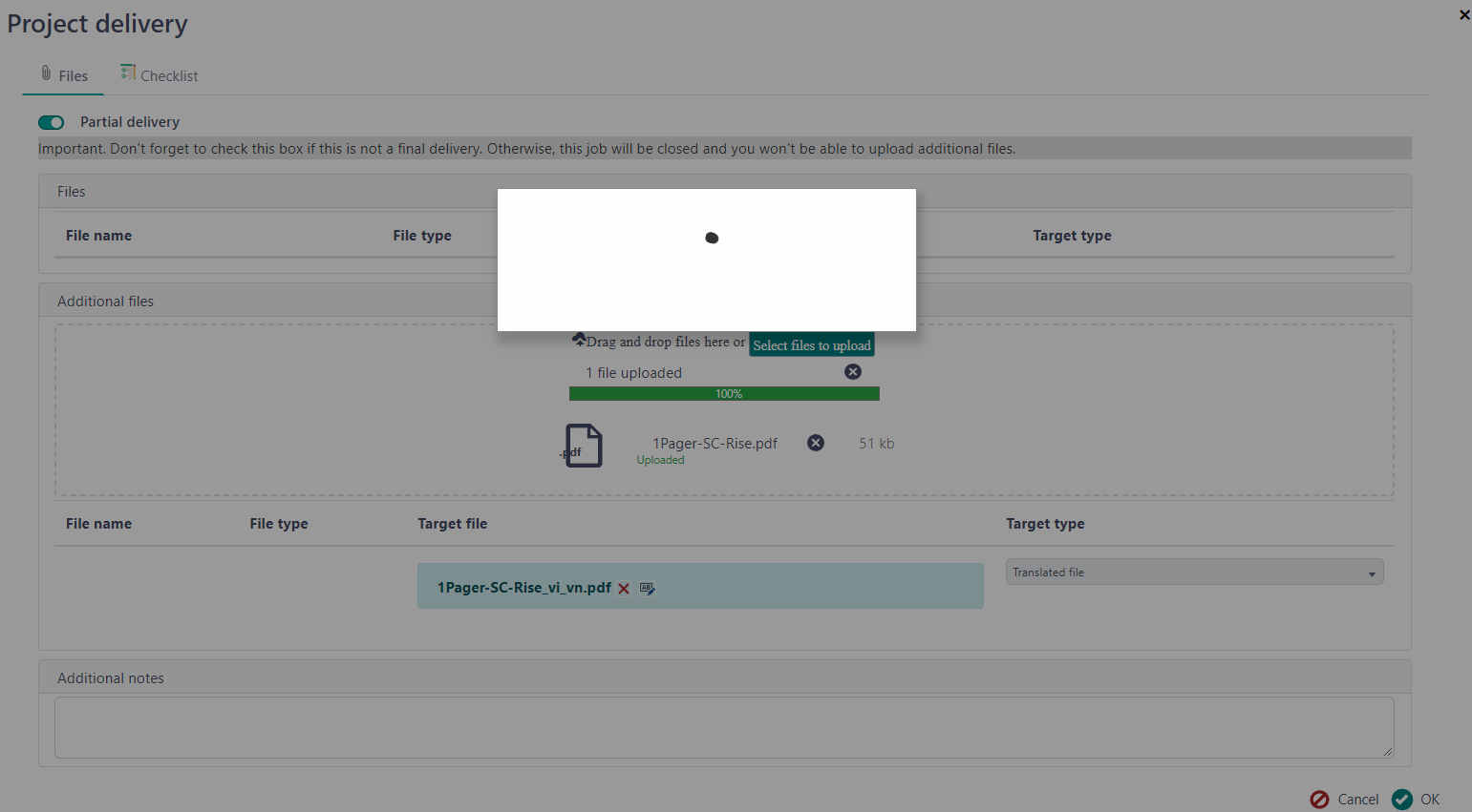 Trados Studio Project delivery screen showing a stuck upload process with a file named '1Pager-SC-Rise.pdf' at 100% uploaded but not progressing further.