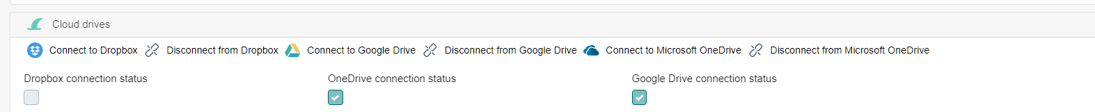 Trados Studio Cloud drives connection status showing Google Drive connected with a green checkmark.