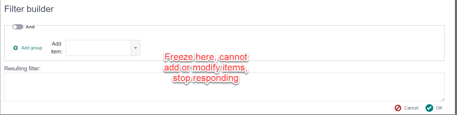 Trados Studio 'Filter builder' dialog showing an error message 'Freeze here, cannot add or modify items, stop responding' indicating the application is not functioning properly.