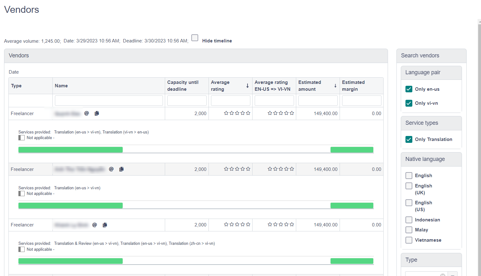 Trados Studio Vendors screen showing a list of freelancers with details such as name, capacity until deadline, average rating, and estimated amount. Search filters for language pair and service types are visible on the right.