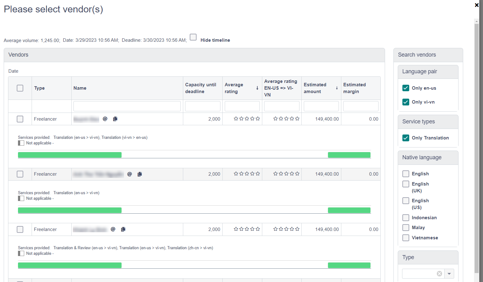 Trados Studio 'Please select vendor(s)' screen with checkboxes next to freelancer names, showing the same details as the first image. A close button is visible on the top right corner.