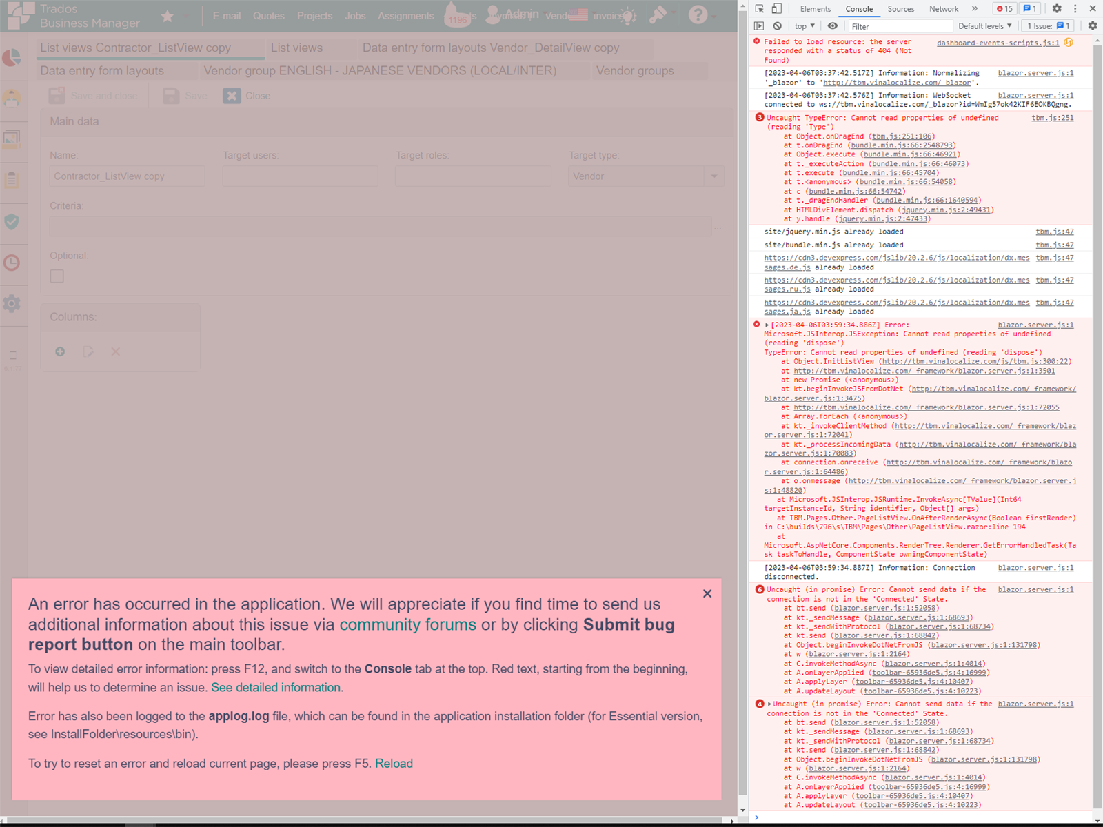 Screenshot of Trados Studio's List View Clone feature with an error message displayed. The error message reads 'An error has occurred in the application. We will appreciate if you find time to send us additional information about this issue via community forums or by clicking Submit bug report button on the main toolbar.' There are also multiple error logs visible in the developer console.