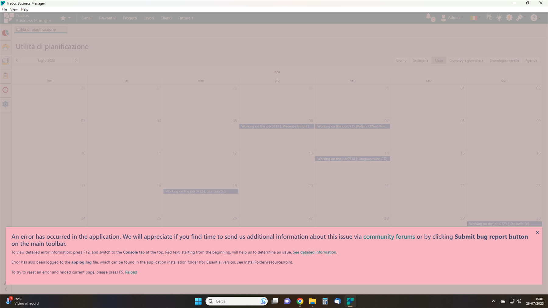 Screenshot of Trados Business Manager with an error message overlay stating 'An error has occurred in the application. We will appreciate if you find time to send us additional information about this issue via community forums or by clicking Submit bug report button on the main toolbar.' Instructions to press F12 for more details and a note about error logging to the app.log file are also visible.