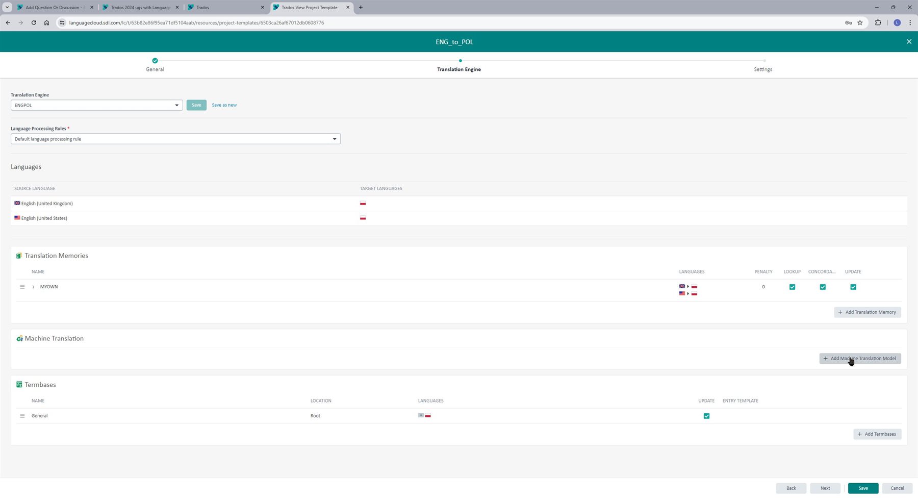 Screenshot of Trados project template settings with Translation Engine dropdown, Translation Memories, and Term bases sections visible.